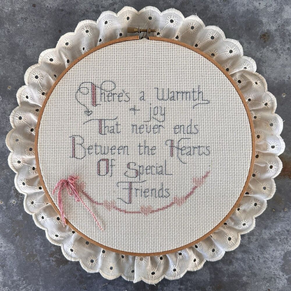 Vintage Cross Stitch Wall Hanging 10" Lace Wooden Embroidery Hoop Cottagecore